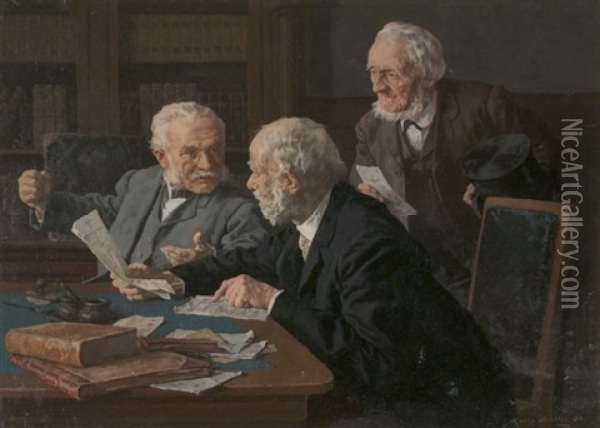 Three Men Having A Discussion Over Paperwork Oil Painting - Louis Charles Moeller