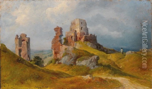 Walker In An Open Landscape With Ruins Oil Painting - Karoly Telepy