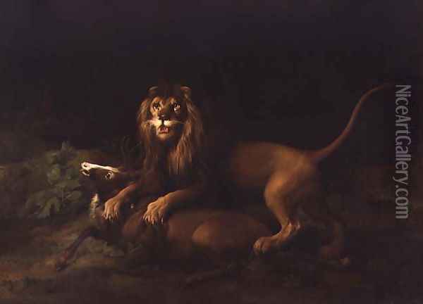 A Lion Attacking a Stag, c.1765 Oil Painting - George Stubbs