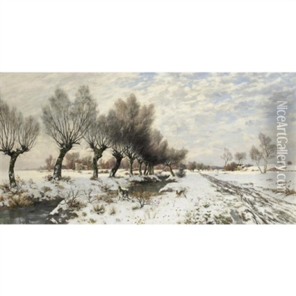 Winter Landscape With Rabbit Oil Painting - Jacob Oxholm Schive