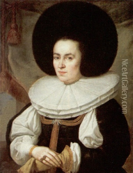 Portrait Of A Lady, Wearing A Black Dress With A Broad Lace Ruff And Fur Hat Oil Painting - Pieter Nys