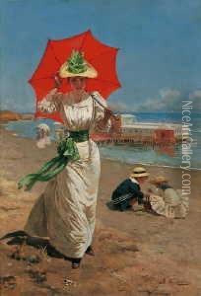 Dame Am Strand Mit Rotem Sonnenschirm. Oil Painting - Fabio Cipolla