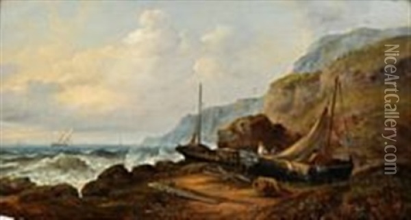 English Coastal Scenery With Fishermen Preparing Their Boats Oil Painting - John Moore Of Ipswich
