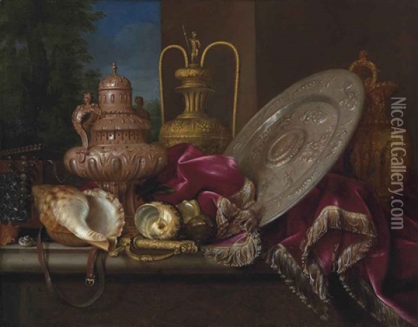 A Silver Incense Burner And Sideboard Dish, A Silver-gilt Ewer And Vase With Nautilus Shells, A Sabre And A Jewelry Box On A Ledge Draped With A Velvet Curtain Oil Painting - Meiffren Conte