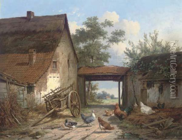 Poultry In The Farmyard Oil Painting - Cornelis van Leemputten