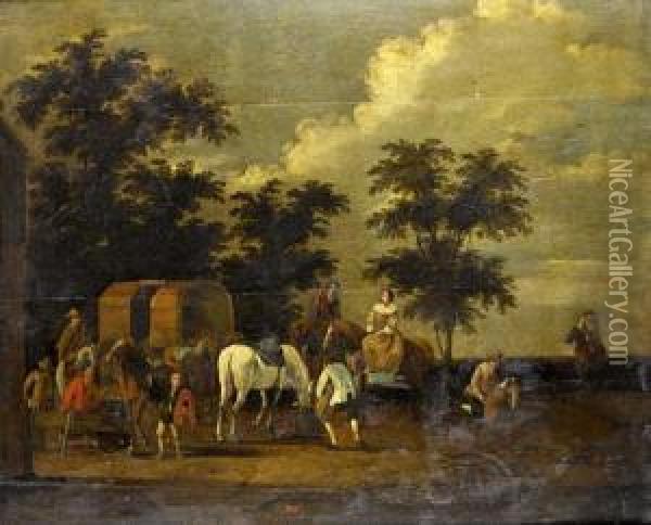 An Elegant Company Feeding Their Horses Beside A Stable Oil Painting - Jan Jacobsz. Van Der Stoffe