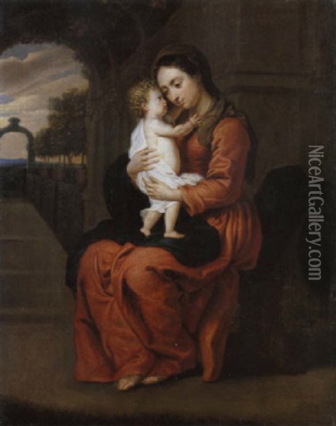 Madonna Mit Kind Im Garten Sitzend Oil Painting - Erasmus Quellinus II