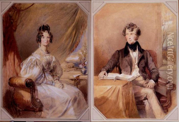 Portraits Of Mr. Hedley Vicars And Mrs. Elizabeth Vicars: A Pair Oil Painting - George Richmond