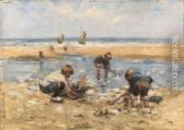 Children Playing On A Beach Oil Painting - Robert Gemmell Hutchison