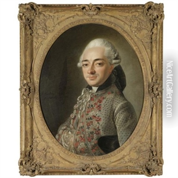 Portrait Of A Gentleman, Half-length, Wearing A Grey Tunic With A Floral Embroidered Pattern Oil Painting - Francois Bruno Deshays de Colleville