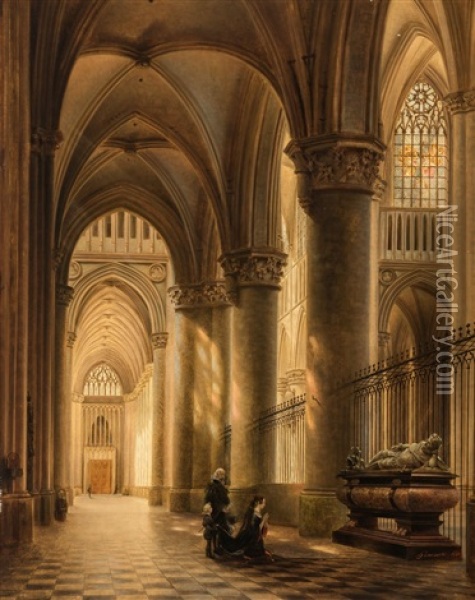 Gothic Ambulatory With Figures At A Tomb Oil Painting - Jules Victor Genisson