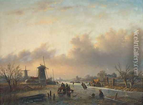 Skaters on a Dutch waterway before windmills at dusk Oil Painting - Jan Jacob Spohler