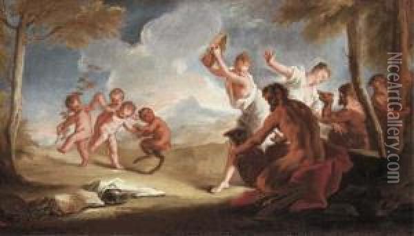 Nymphs, Putti And Satyrs Dancing In A Landscape Oil Painting - Nicola Grassi