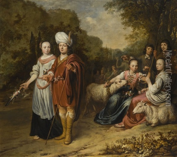 A Family Portrait, With Mother And Father In The Guise Of Jacob And Rachel Oil Painting - Gerbrand Van Den Eeckhout