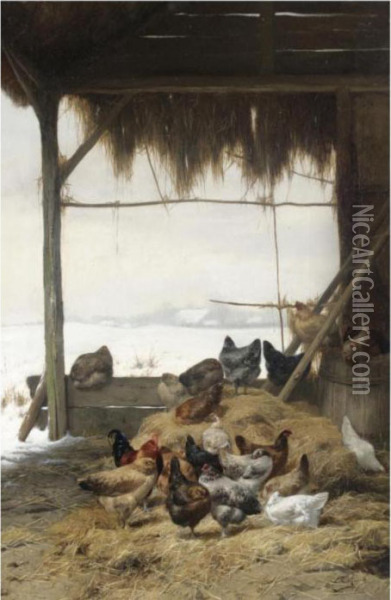 Chickens By A Hay Bail.; Chickens In A Barn In Winter Oil Painting - Eugene Remy Maes
