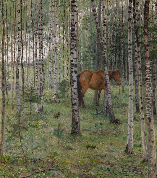 Horse In A Birch Grove Oil Painting - Nikolai Petrovich Bogdanov-Belsky