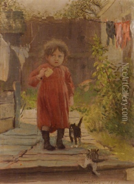 In The Alley / A Girl With Her Kittens Oil Painting - Frank Hector Tompkins