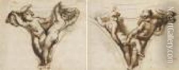 Deux Putti Dans Un Pendentif 
Tenant Une Guirlande; Et Deux Putti Dans Un Pendentif Tenant Une 
Guirlande Oil Painting - Domenico Piola
