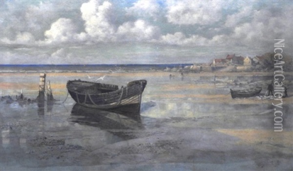 Extensive Coastal View With Beached Fishing Boat And Fishing Village Beyond Oil Painting - R. Wellesley Webster