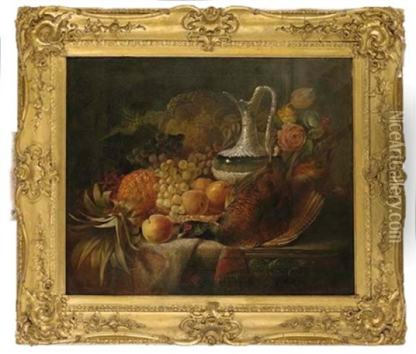 Grapes, Peaches, A Pineapple, Flowers, A Silver Decanter, Gold Plate And Pheasant, On A Ledge Oil Painting - William Duffield
