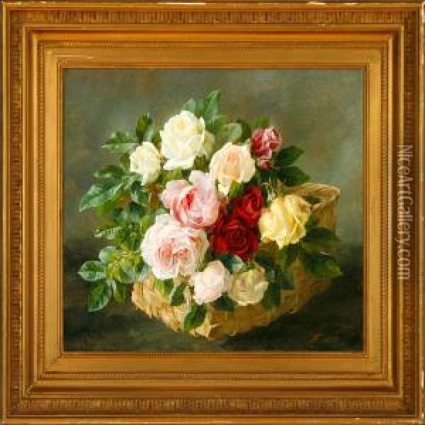Red, Yellow Andpink Roses In A Basket On A Table Oil Painting - Anthonie, Anthonore Christensen