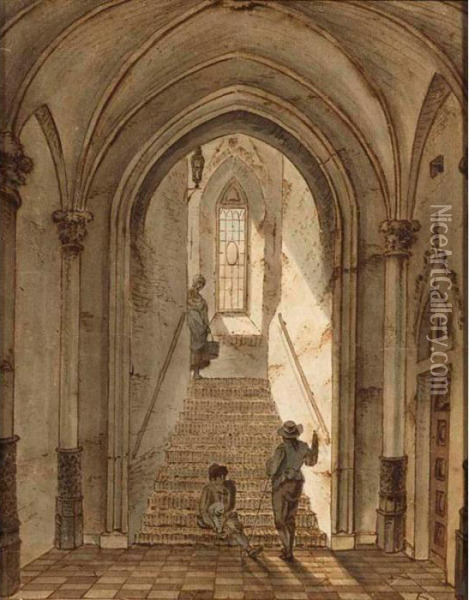 Figures On A Staircase Oil Painting - Hubertus, Huib Van Hove