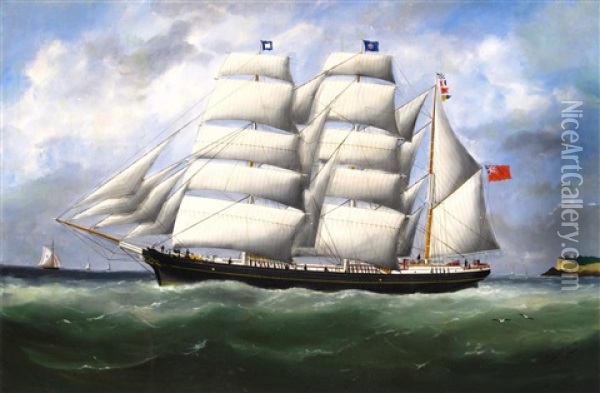 The Barque Ifafa Under Full Sail Leaving Le Havre Oil Painting - Marie-Edouard Adam