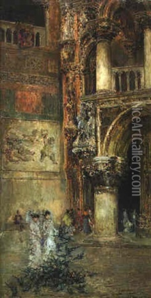 Feeding The Pigeons, Venice Oil Painting - Arcadi Mas y Fondevila