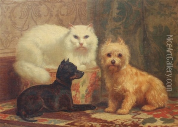 Animal Portrait Of Persian Cat, Miniature Pinscher, And Terrier Oil Painting - John Henry Dolph