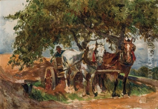 Farmer With Horses And Cart Oil Painting - Mathias Joseph Alten