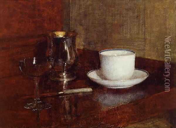 Still Life: Glass, Silver Goblet and Cup of Champagne Oil Painting - Ignace Henri Jean Fantin-Latour