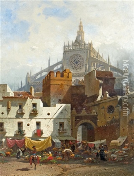 At The Cathedral Of Sevilla Oil Painting - Friedrich Eibner