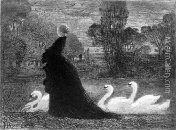 La Dame Aux Cygnes (souvenir De Barham Court, Kent). 1879. Oil Painting - Felix-Hilaire Buhot