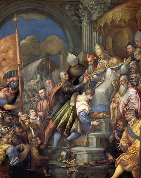 Doge Sebastiano Ziani c.1102-80 Receiving the Blessed Ring from Pope Alexander III 1105-81 Oil Painting - Andrea Michieli (see Vicentino)