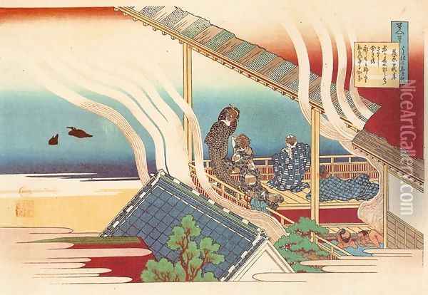 Bath-House by a Lake (Fujiwara no Yoshitaka) Oil Painting - Katsushika Hokusai