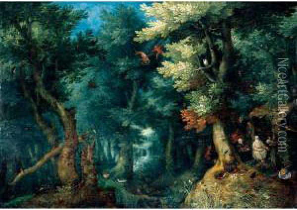 Wooded Landscape With Saints Anthony And Paul The Hermit Assailed By Demons Oil Painting - Gillis van Coninxloo