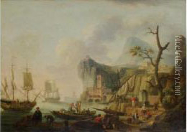 Harbour Scene With Figures At Work Oil Painting - Pierre Joseph Wallaert
