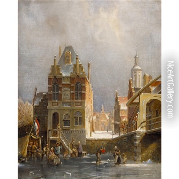 Eisvergnugen In Hollandischer Stadt Oil Painting - Pieter Cornelis Dommershuijzen
