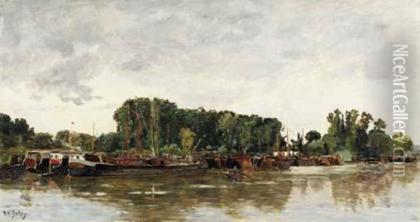 Barges A Rangiport Sur Seine
Signed 'h.c.delpy.' (lower Left) Oil Painting - Hippolyte Camille Delpy