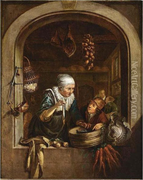 A Woman Showing A Herring To A 
Boy In A Window Bears Van Tol Signature And Date 1672 Upper Centre Oil Painting - Dominicus van Tol