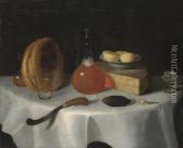 A Loaf Of Bread, A Flask Of Ale, A Wedge Of Cheese, A Knife And A Pickle On A Table Oil Painting - George, of Chichester Smith