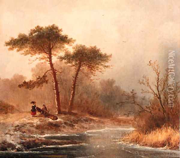 A winter landscape with woodgatherer and a sportsman Oil Painting - Johannes Franciscus Hoppenbrouwers