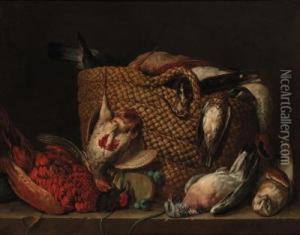 A Pheasant, Pigeon, Owl, And A 
Basket With A Partridge, Duck,lapwing And Woodcock On A Ledge Oil Painting - Pieter Andreas Rysbrack