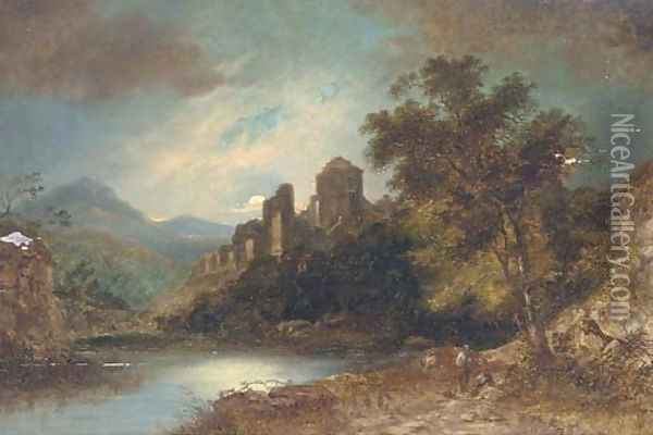 Travellers on a track, a ruined castle beyond Oil Painting - Sebastian Pether