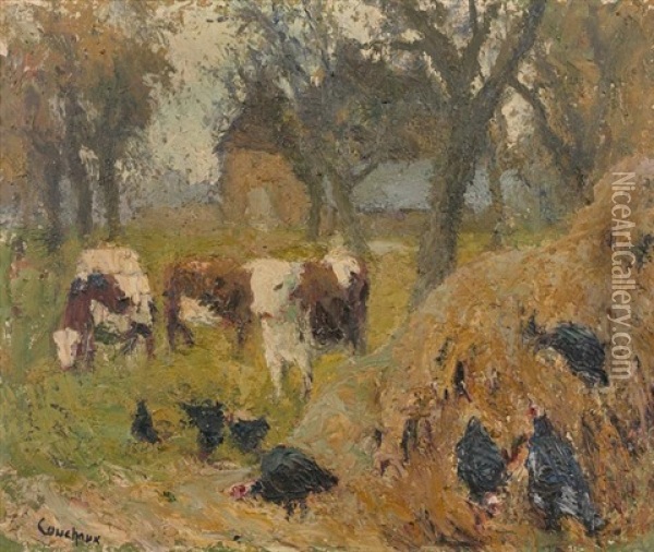 Dindons Et Vaches Devant La Ferme Oil Painting - Marcel Couchaux