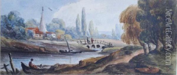 Figures By A Cottage On The Bank Of A River Oil Painting - John Varley