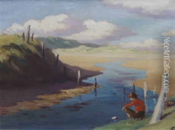 Seated Figure By A Coastal Stream Oil Painting - George Russell