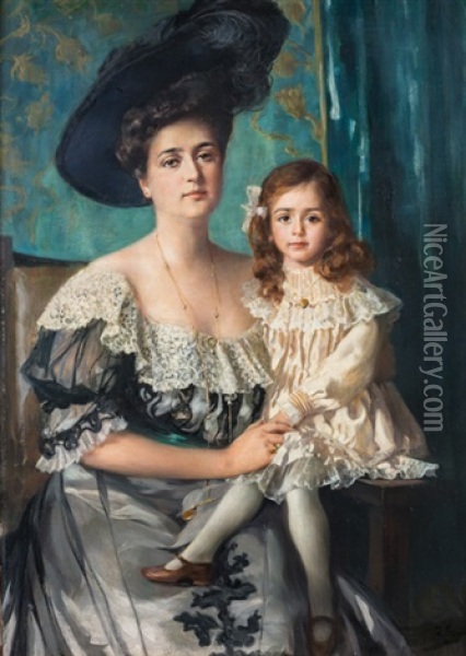 Bildnis Einer Eleganten Dame Mit Ihrer Tochter Im Saloninterieur Oil Painting - Ferdinand Max Bredt