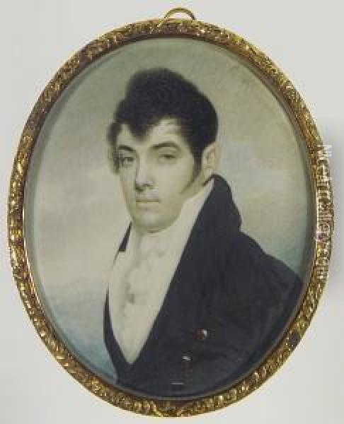 A Gentleman, Wearing Black Coat, White Waistcoat, Frilled Chemise And Cravat. Oil Painting - Joseph Wood