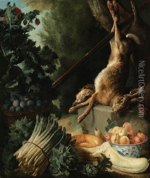 A Hunting Still Life With A Dead
 Hare And Game Birds On A Stone Plinth With Asparagus, Artichokes, A 
Cucumber And A Pear, A Basket Of Plums And Bowl Of Peaches Oil Painting - Alexandre-Francois Desportes